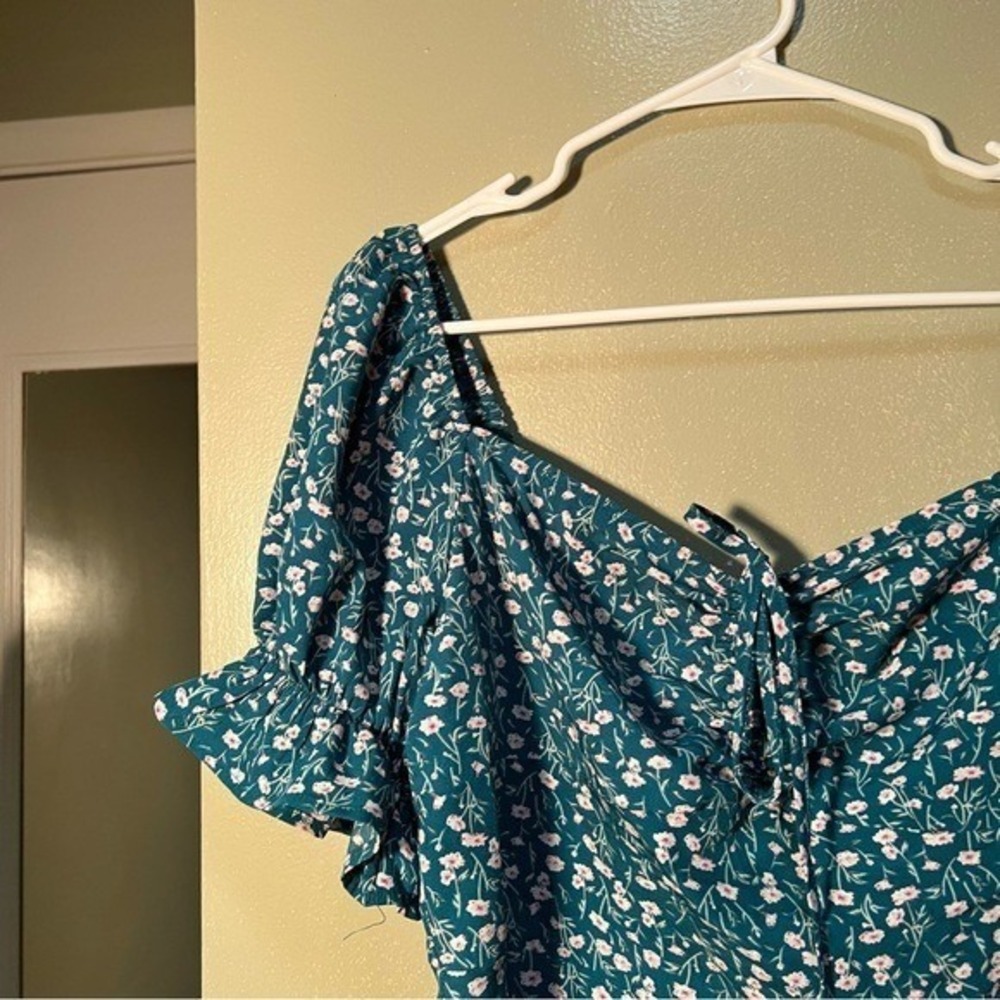 Womens Off Shoulder Mini Dress Green White Ditsy Floral Sweetheart Tie Neck Puff - Picture 8 of 13